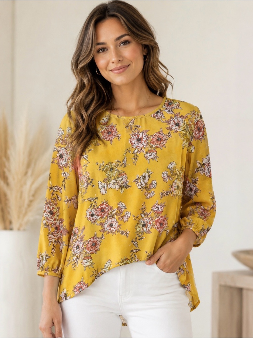Papermoon Mustard Floral Round-Neck Blouse